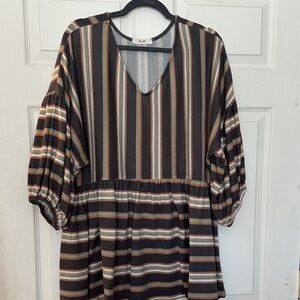 Striped V-Neck Tunic Top in Brown and Cream